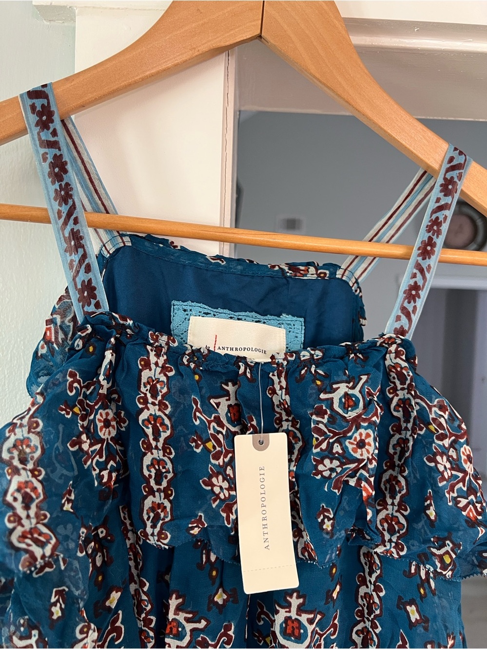 Anthropologie Ruffled Blue Floral Printed Dress Bohemian Style Women’s size S - Picture 3 of 16